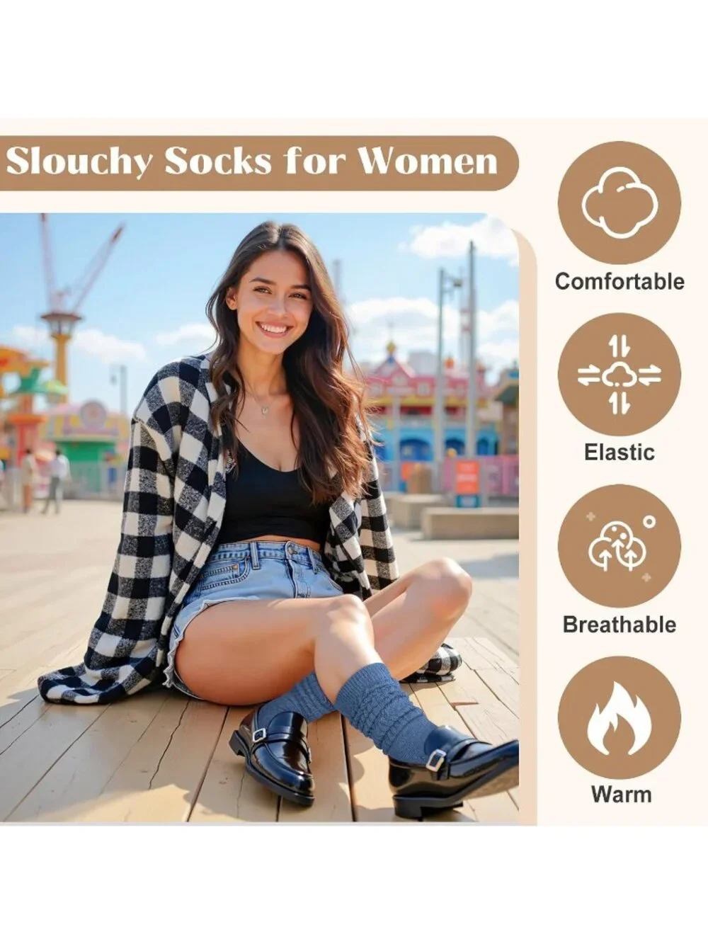 🧦Women's Brown Grey 4 Pairs Slouchy Socks Boot Long Knee High Slouch Socks